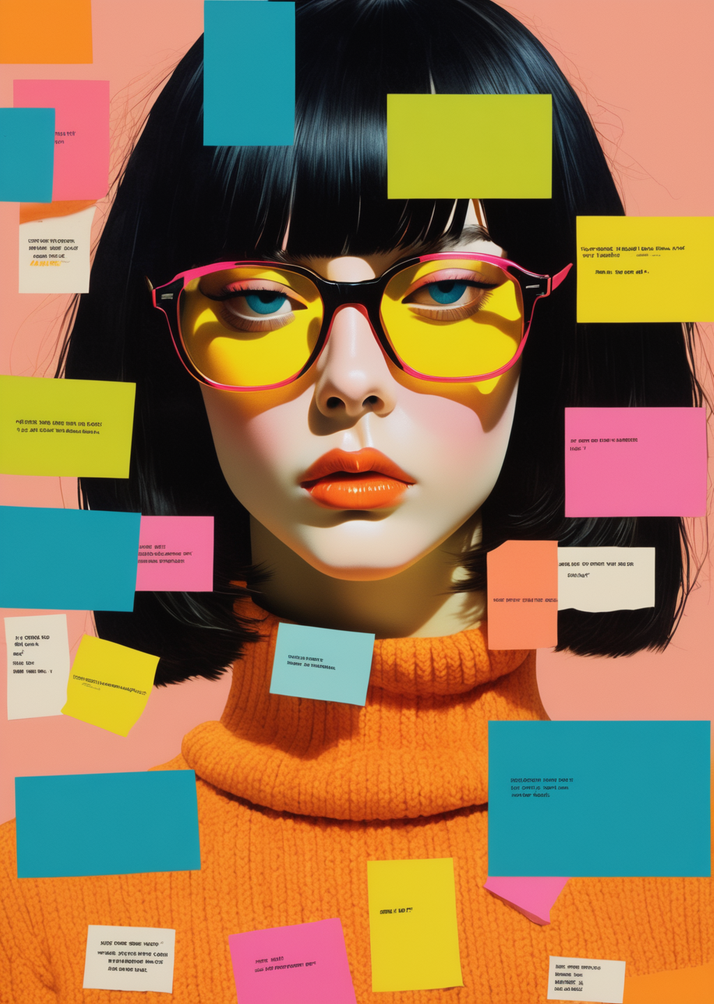 01245-1668980352-poster of 1girl, bangs, glasses, _sweater, _post it  with text__404__by Carl Kleiner  _abstract, American, collage, digital, gra.png
